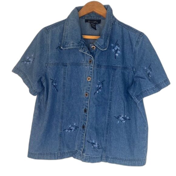 Denim & Co Embroidered Denim Shirt 100% Cotton Casual Cool Boho Retro Size MD - Picture 1 of 8
